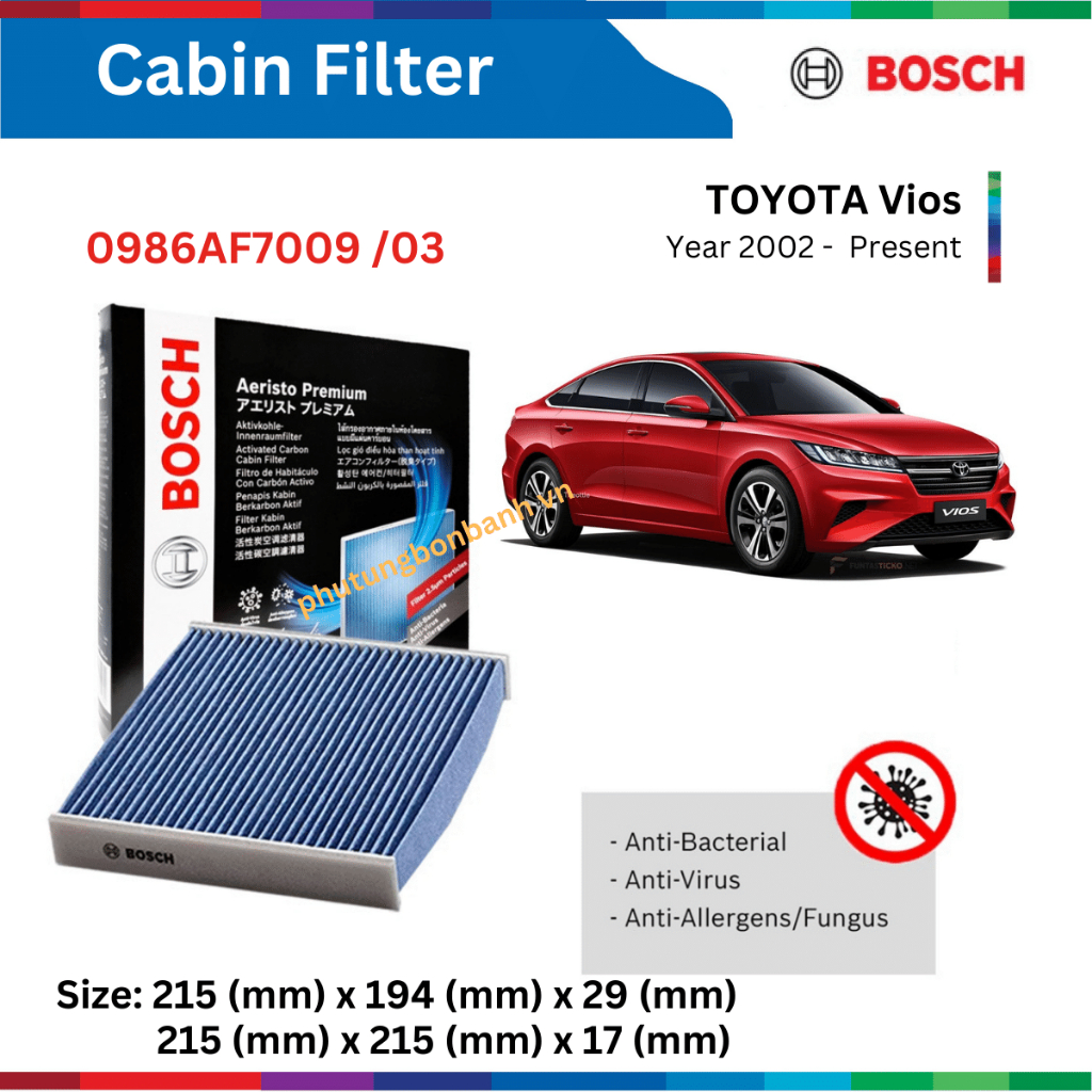 Lọc gió điều hòa xe TOYOTA Vios năm 2013 đến nay, than hoạt tính, chống bụi mịn PM2.5 Bosch Aeristo Premium 0986AF7009