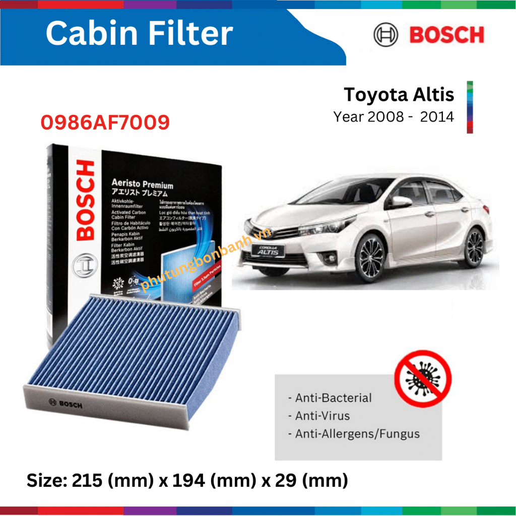 Lọc gió điều hòa xe TOYOTA Altis (08 -14), than hoạt tính, chống bụi mịn PM2.5, Bosch Aeristo Premium AF7009, AF5094