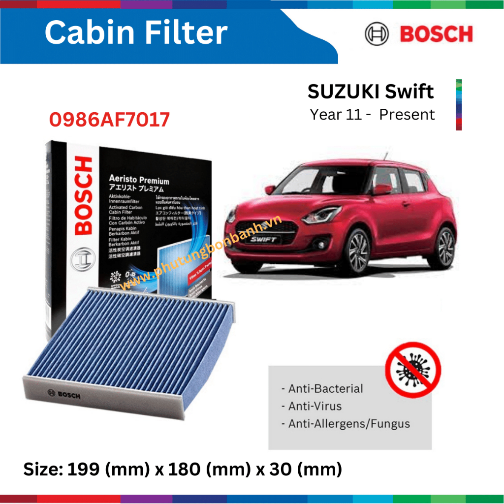 Lọc gió điều hòa xe SUZUKI Swift (2011-), than hoạt tính, chống bụi mịn PM2.5, Bosch Aeristo Premium 0986AF7017