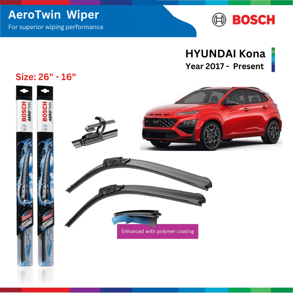 Bộ gạt mưa xe ô tô HYUNDAI Kona (17-), Bosch AeroTwin, móc chữ U, size 26" & 16", gạt nước xe ô tô Kona