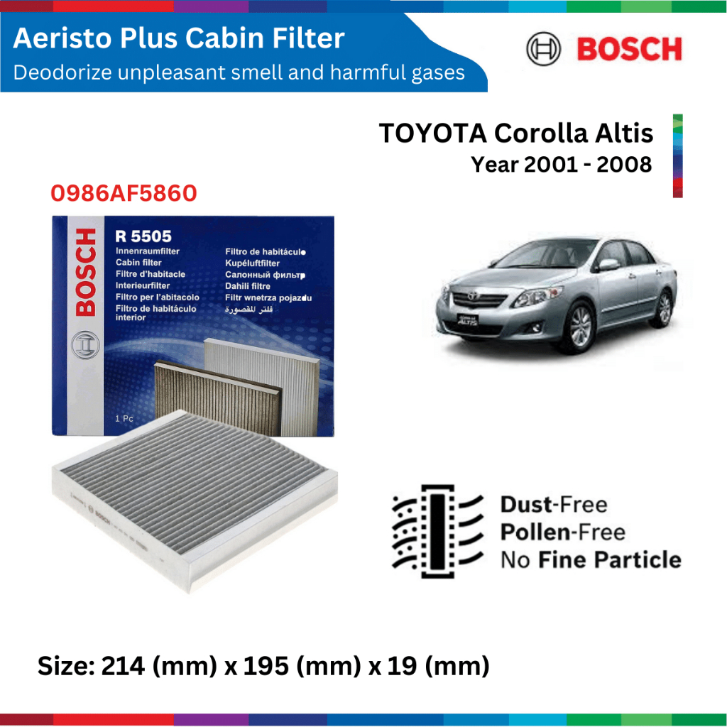 Lọc gió điều hòa xe TOYOTA Altis, đời xe 2001 đến 2008, than hoạt tính, Bosch Aeristo Plus, AF5860, AF4450