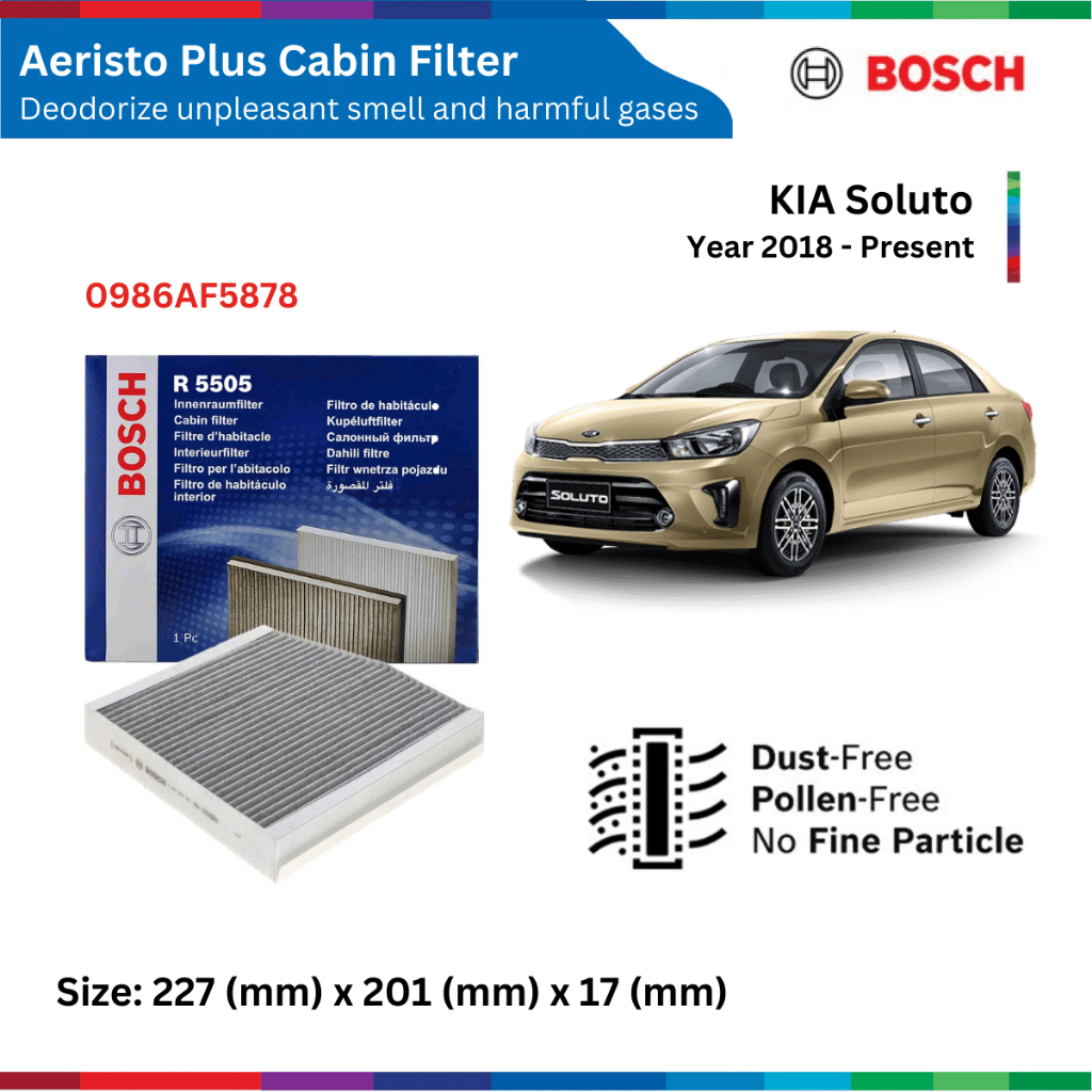 Lọc gió điều hòa than hoạt tính xe Soluto (2021-), Bosch Aeristo 0986AF5878, lọc gió máy lạnh KIA Soluto, Soluto