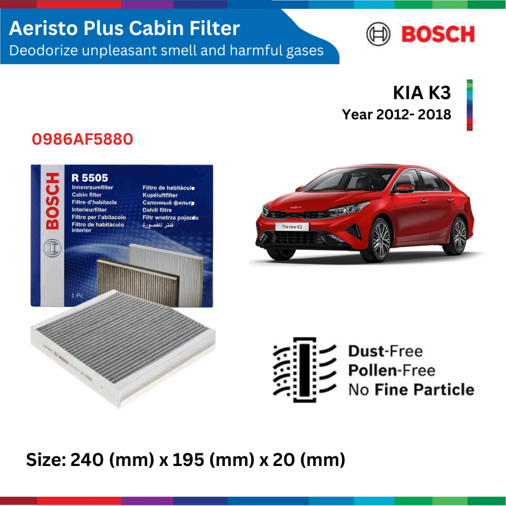 Lọc gió điều hòa xe ô tô KIA K3 (2012-2018), loại than hoạt tính, Bosch Aeristo Plus 0986AF5880, lọc gió máy lạnh K3, K3