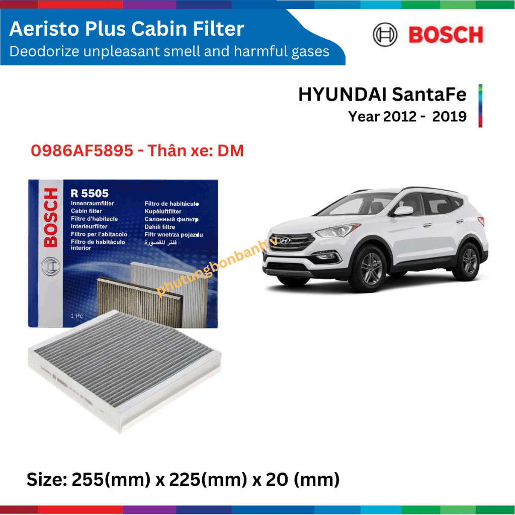 Lọc gió điều hòa than hoạt tính xe SantaFe (2012-2019), Bosch Aeristo Plus 0986AF5895, lọc gió máy lạnh HYUNDAI SantaFe