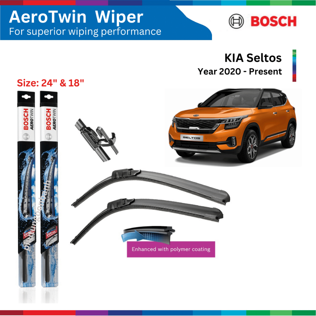 Bộ gạt mưa xe ô tô KIA Seltos (20-), Bosch AeroTwin, móc chữ U, 24" & 18", bộ gạt nước xe Seltos