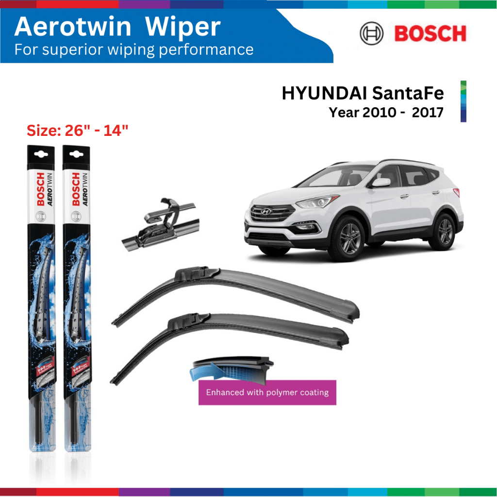 Bộ gạt mưa xe HYUNDAI SantaFe (10-17), Bosch AeroTwin, móc chữ U, Size 26" & 14", bộ gạt nước SantaFe, phụ tùng ô tô