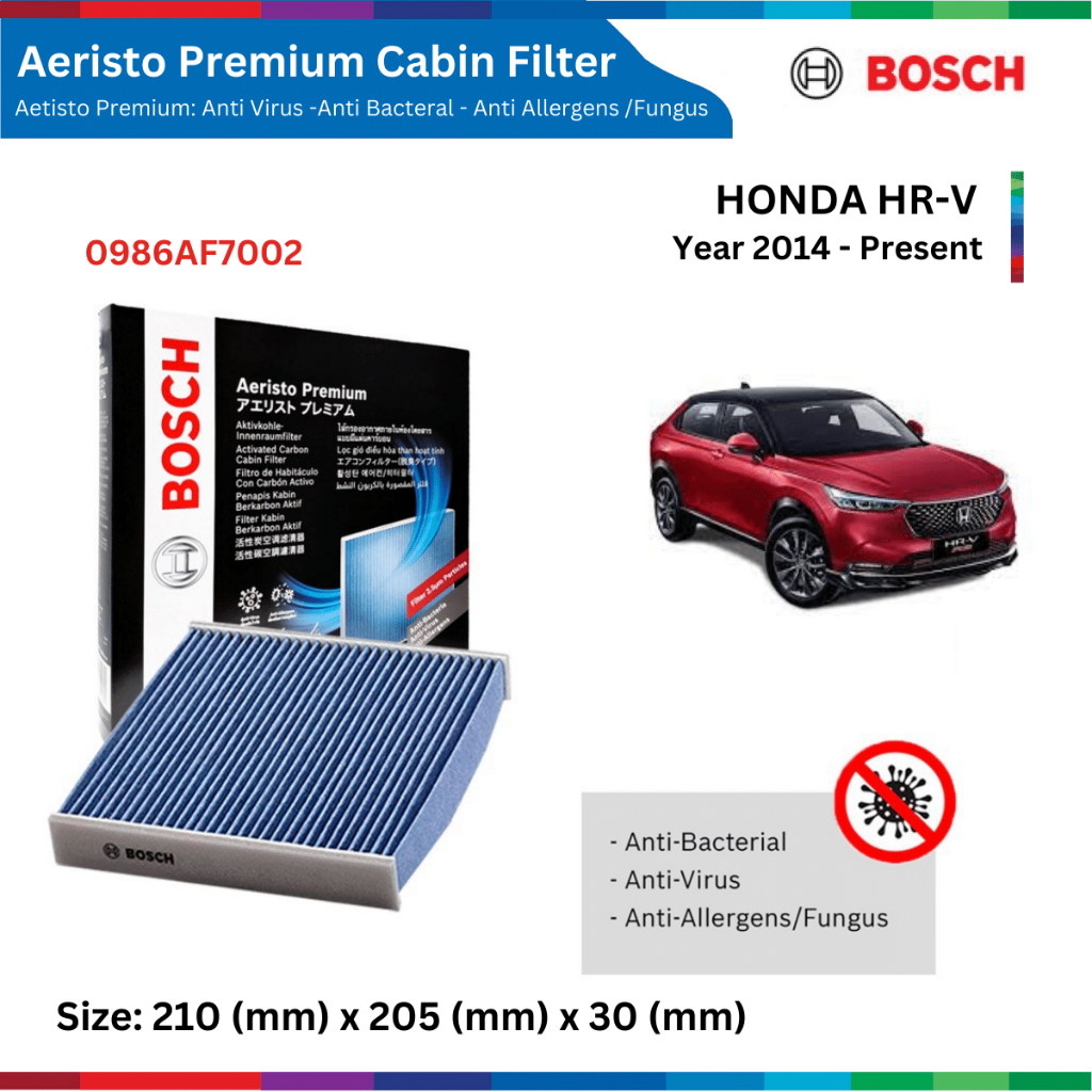 Lọc gió điều hòa xe Honda HRV, HR-V (14-), than hoạt tính, chống bụi mịn PM2.5, BOSCH Aeristo Premium 0986AF7002, F5864