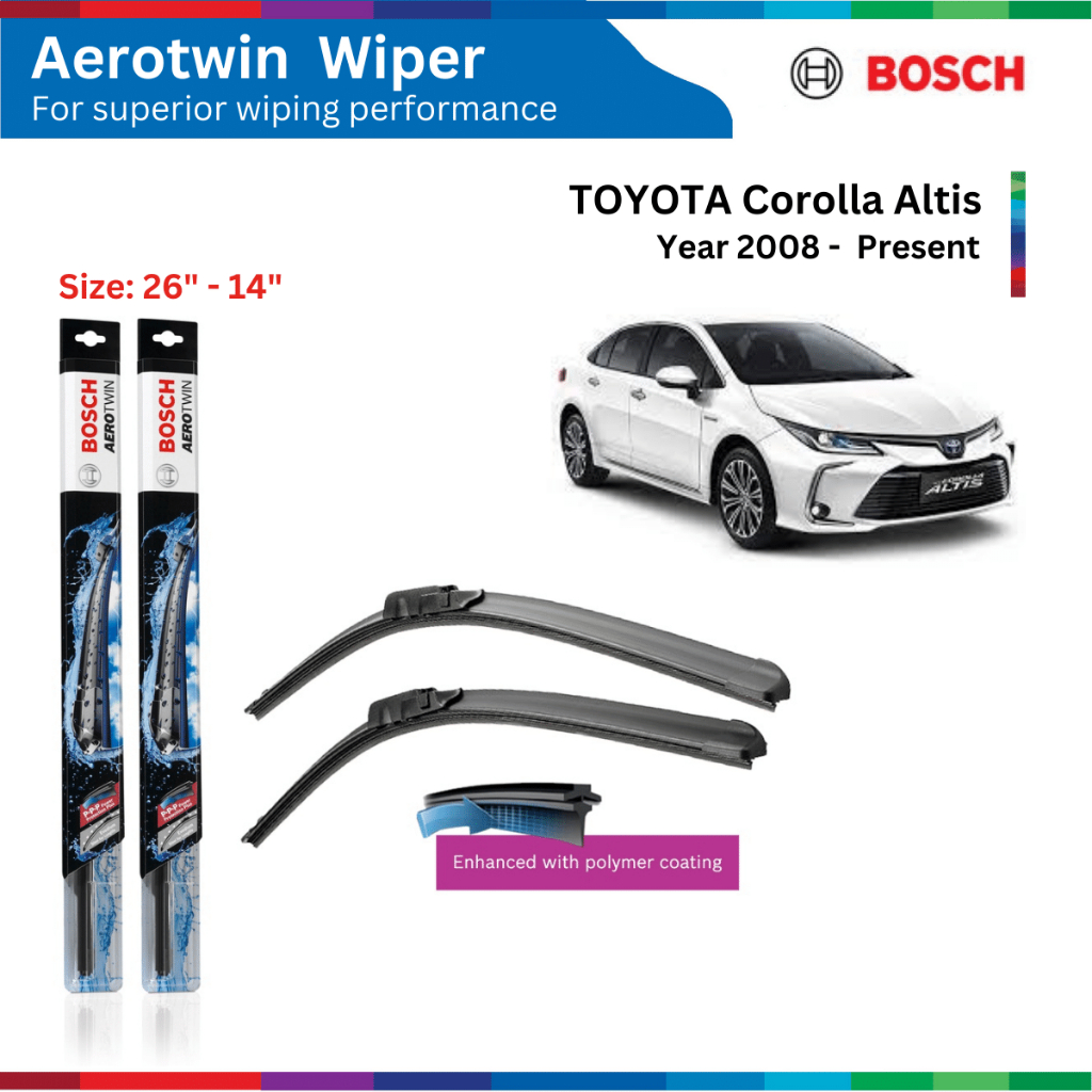 Bộ gạt mưa xe Toyota Corolla Altis (08-), Bosch Aerotwin, loại móc chữ U, kích thước 26" & 14", bộ gạt nước xe Altis