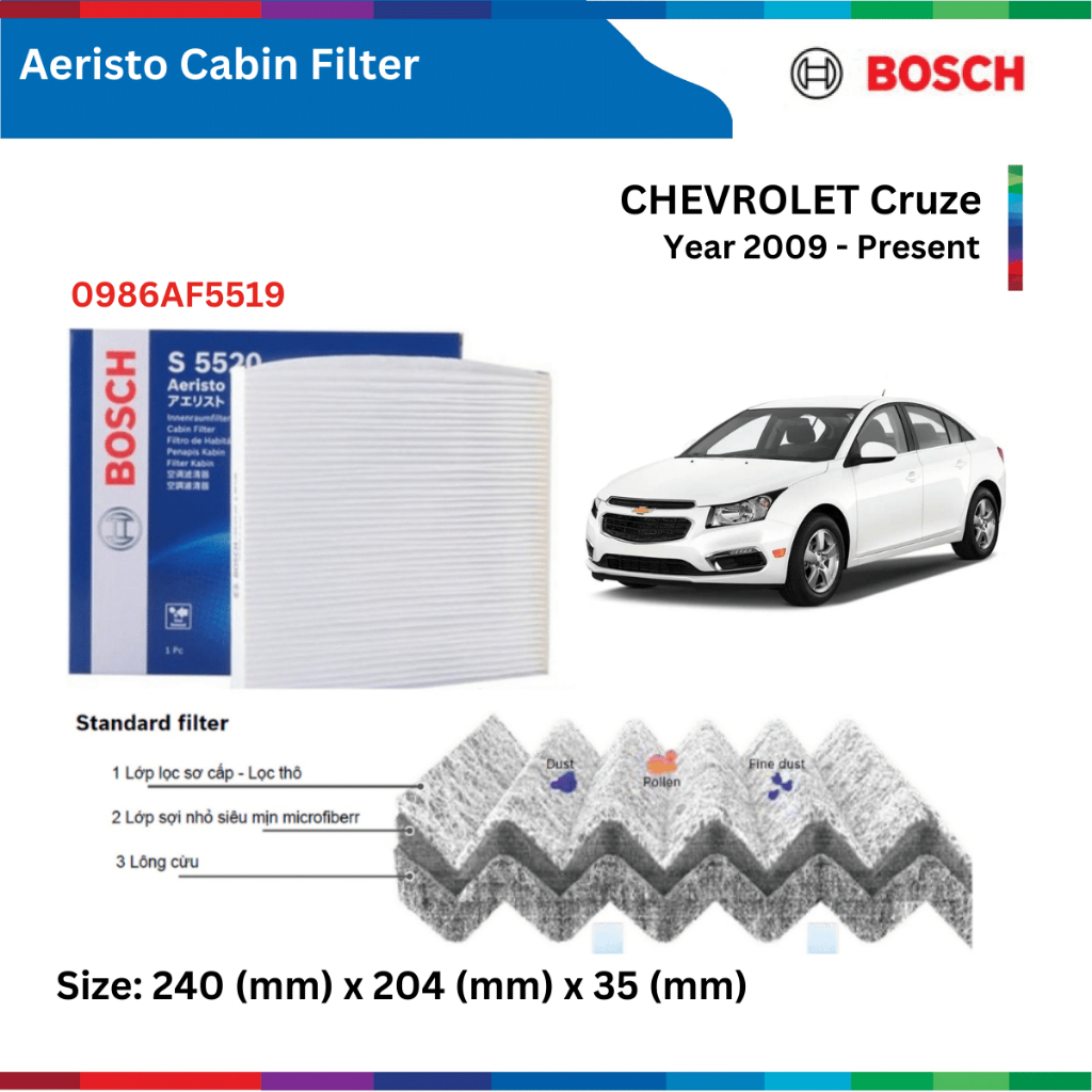 Lọc gió điều hòa xe CHEVROLET Cruze, đời xe 2009 đến nay, Bosch Aeristo 0986AF5519, lọc gió máy lạnh Cruze