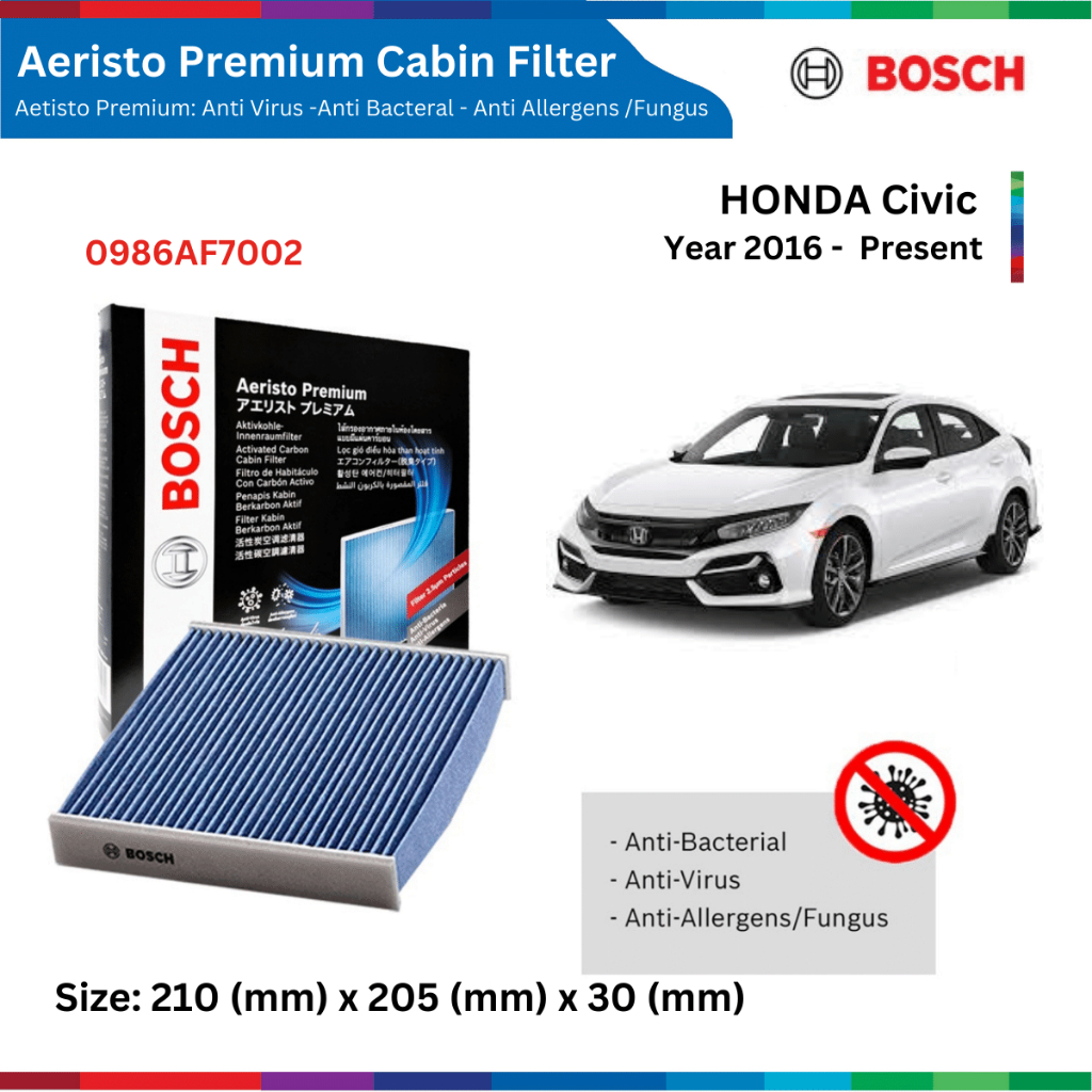 Lọc gió điều hòa xe Honda Civic (16-), than hoạt tính, chống bụi mịn PM2.5, Bosch Aeristo Premium 0986AF7002, 0986AF5864