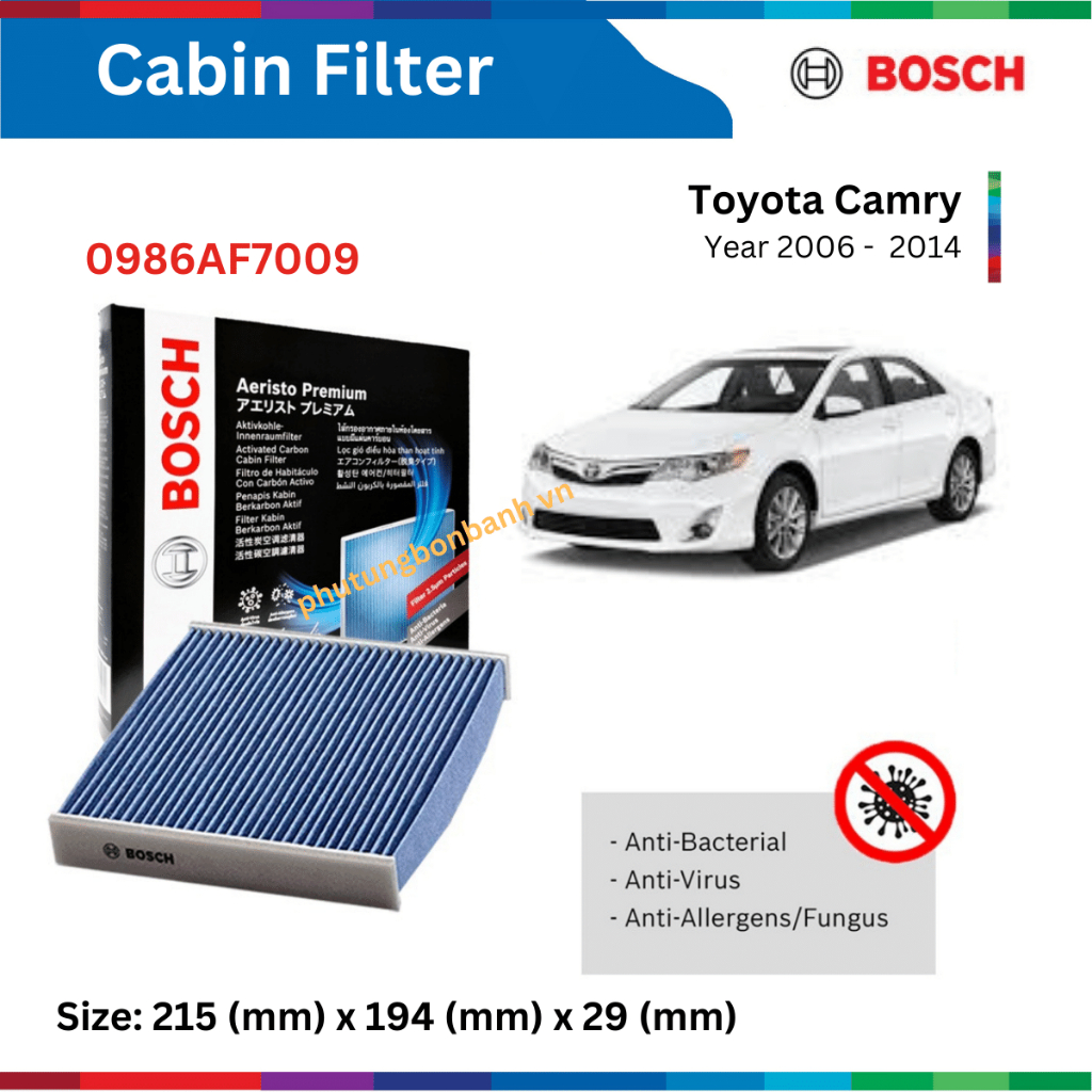 Lọc gió điều hòa xe TOYOTA Camry (06 - 14), than hoạt tính, chống bụi mịn PM2.5 Bosch Aeristo Premium 0986AF7009