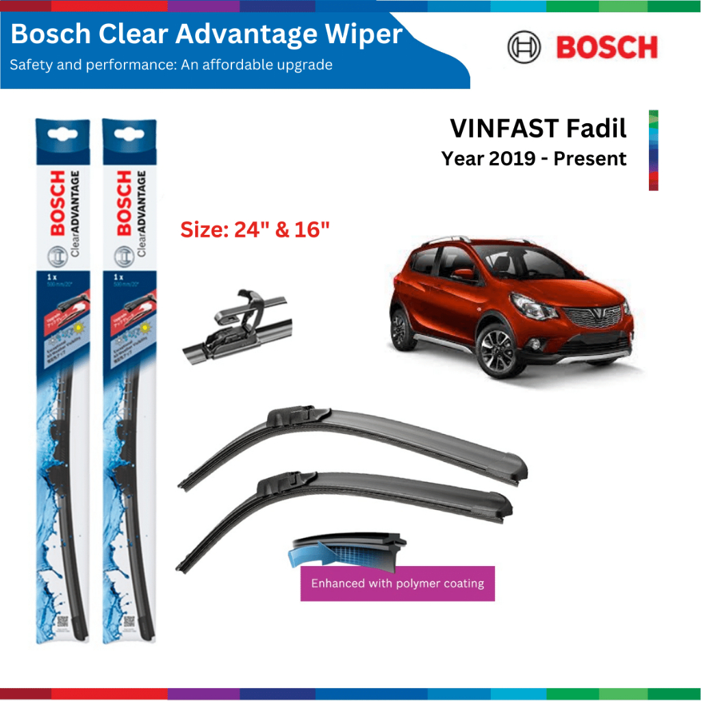 Bộ gạt mưa xe VINFAST Fadil, đời xe 2019 đến nay, Bosch Clear Advantage, ngàm chữ U, size 24" & 16", gạt nước Fadil