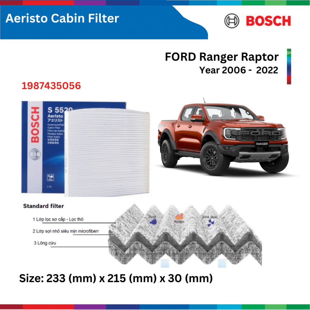 Lọc gió điều hòa xe FORD Ranger Raptor (2006-2022), Bosch Aeristo 1987435056, lọc gió máy lạnh Raptor, Raptor