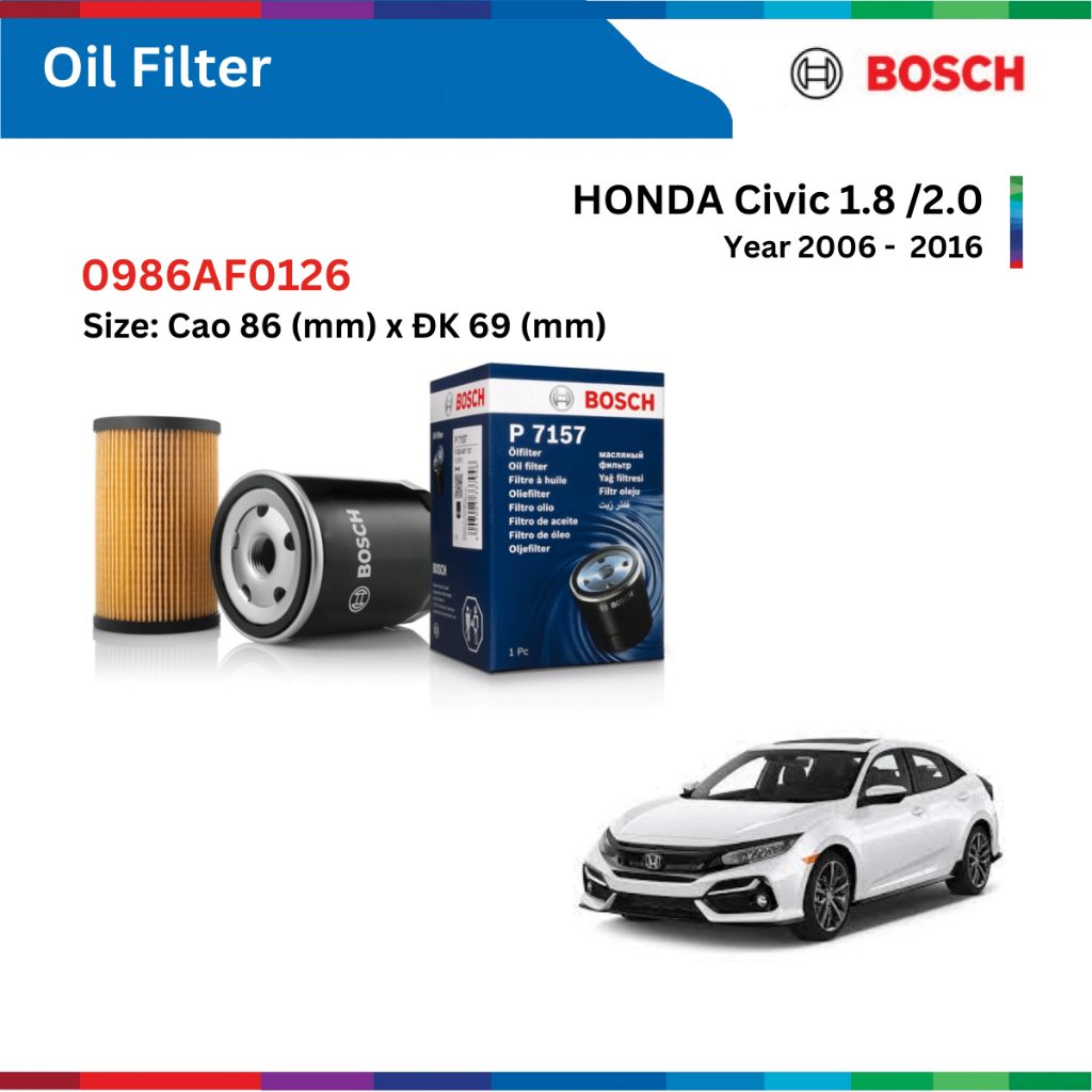 Lọc dầu động cơ xe HONDA Civic, đời xe 2006 đến nay, Bosch Oil Filter, 0986AF0126, phụ tùng Bosch