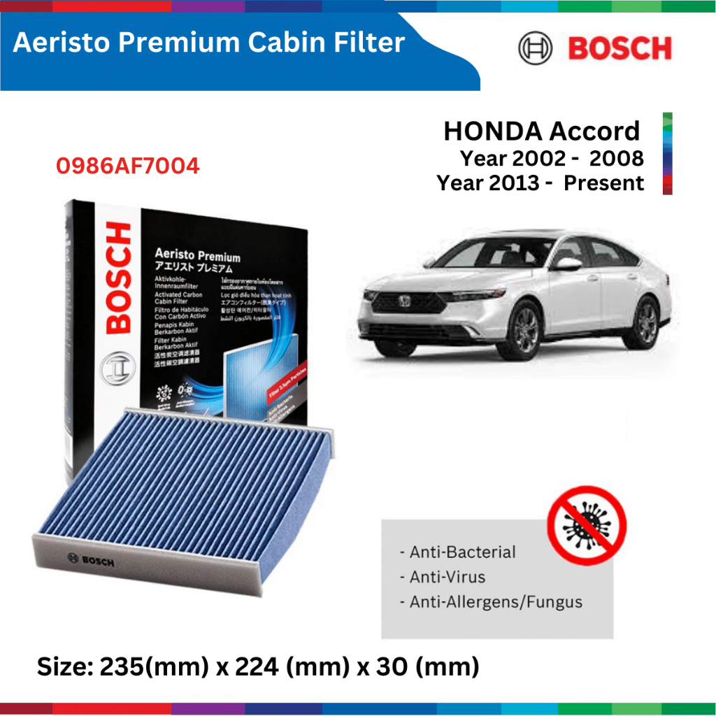 Lọc gió điều hòa xe HONDA Accord / CRV / Civic, Bosch Aeristo Premium 0986AF7004, lthan hoạt tính, chống bụi mịn PM2.5