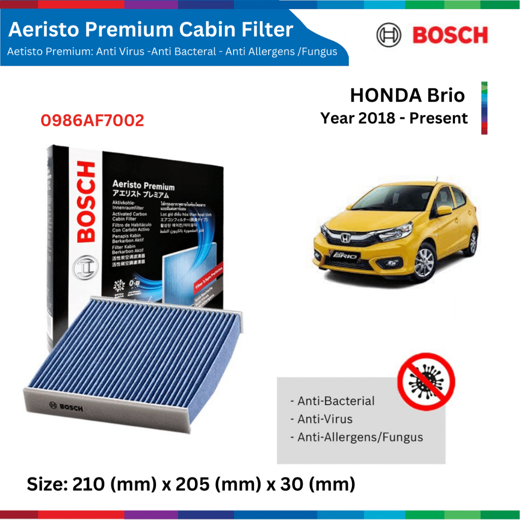 Lọc gió điều hòa xe HONDA Brio (18-), than hoạt tính, chống bụi mịn PM2.5, Bosch Aeristo Premium 0986AF7002, 0986AF5864