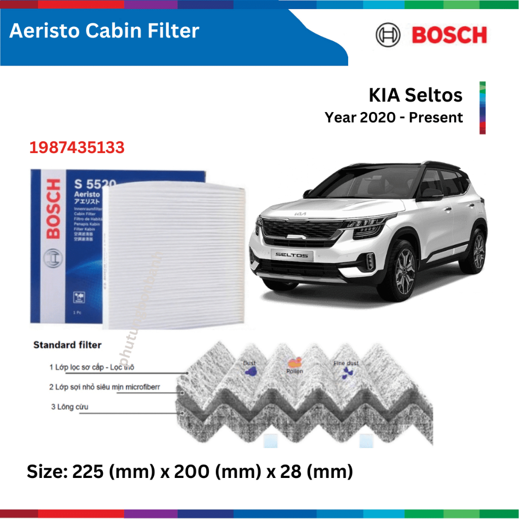 Lọc gió điều hòa xe KIA Seltos (2020-), Bosch Aeristo, lọc gió máy lạnh Seltos, phụ tùng ô tô Bosch, phụ tùng ô tô