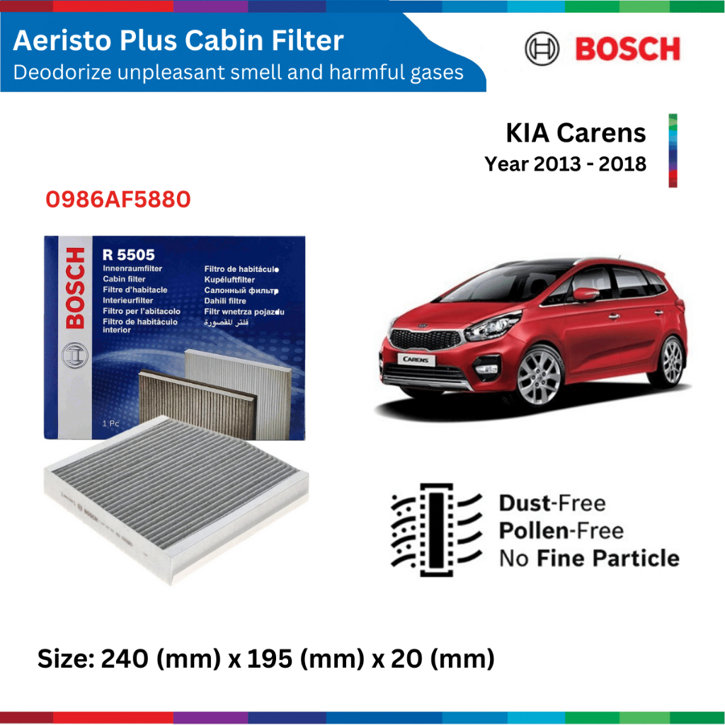 Lọc gió điều hòa than hoạt tính xe KIA Carens (13-18), Bosch Aeristo Plus 0986AF5880, lọc gió máy lạnh Carens