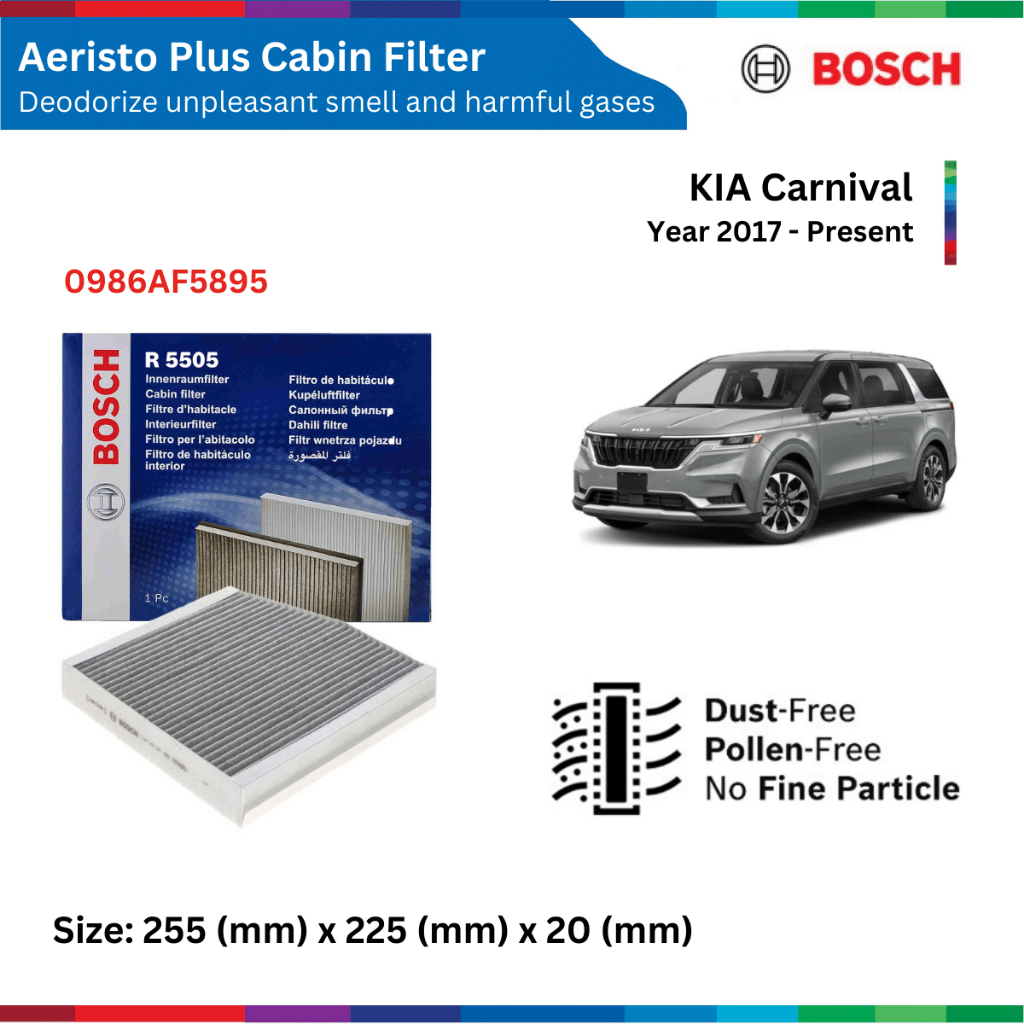 Lọc gió điều hòa than hoạt tính xe KIA Carnival đời xe 2017 đến nay, Bosch Aeristo Plus 0986AF5895, lọc gió xe Carnival