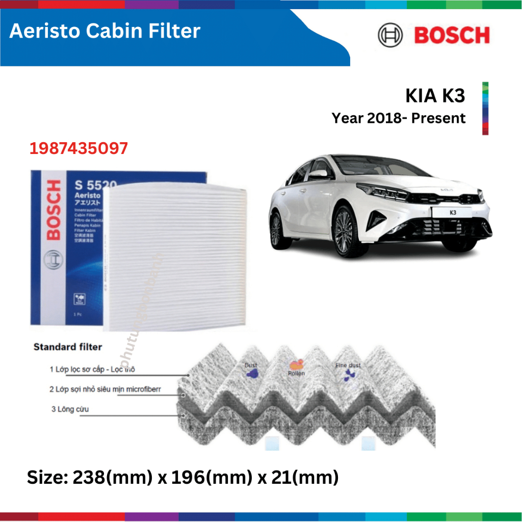 Lọc gió điều hòa xe ô tô KIA K3 (2018-), Bosch Aeristo 0986AF5097, lọc gió máy lạnh KIA K3, K3