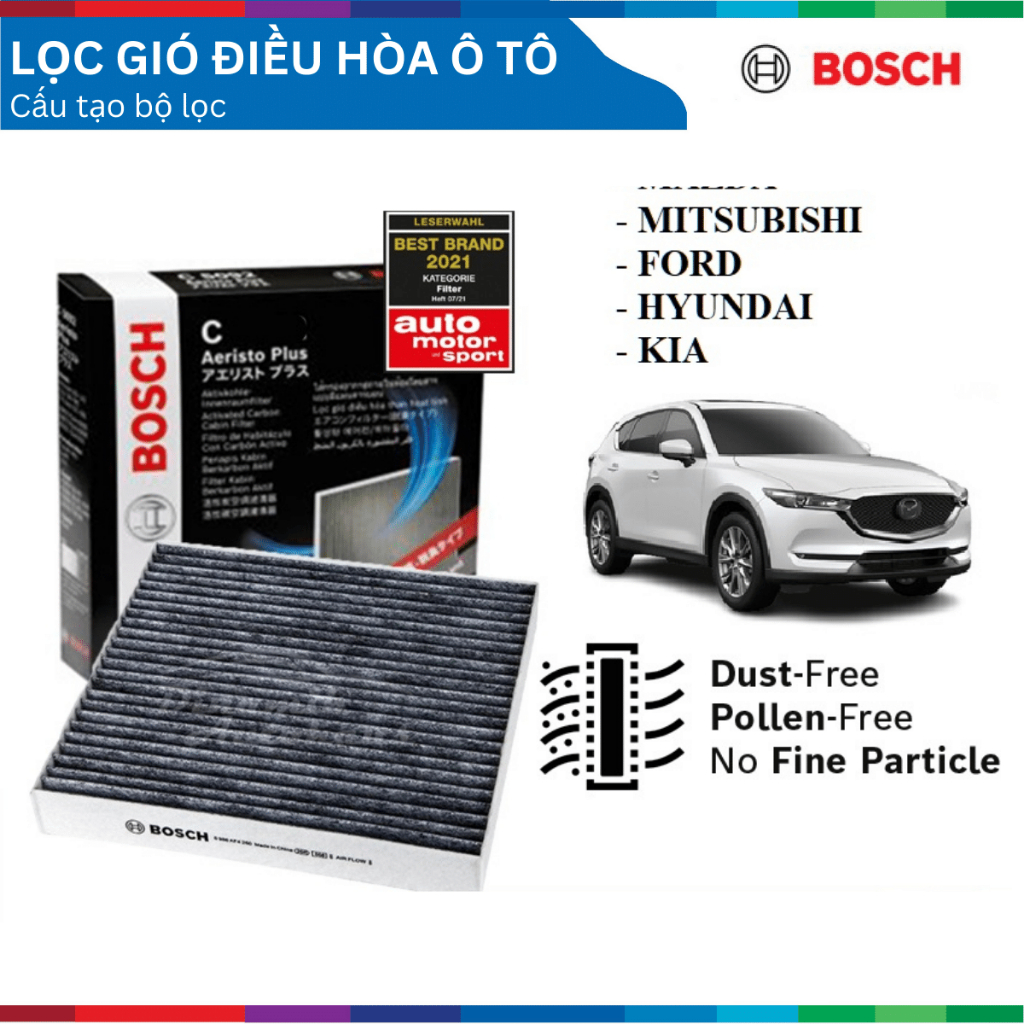 Lọc gió điều hòa, than hoạt tính, Bosch Aeristo Plus, cho nhiều dòng xe tại Việt Nam