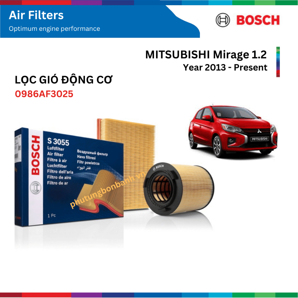 Lọc gió động cơ xe MITSUBISHI Mirage 1.2 đời xe 2013 đến nay, Bosch Air Filters 0986AF3025, Mirage