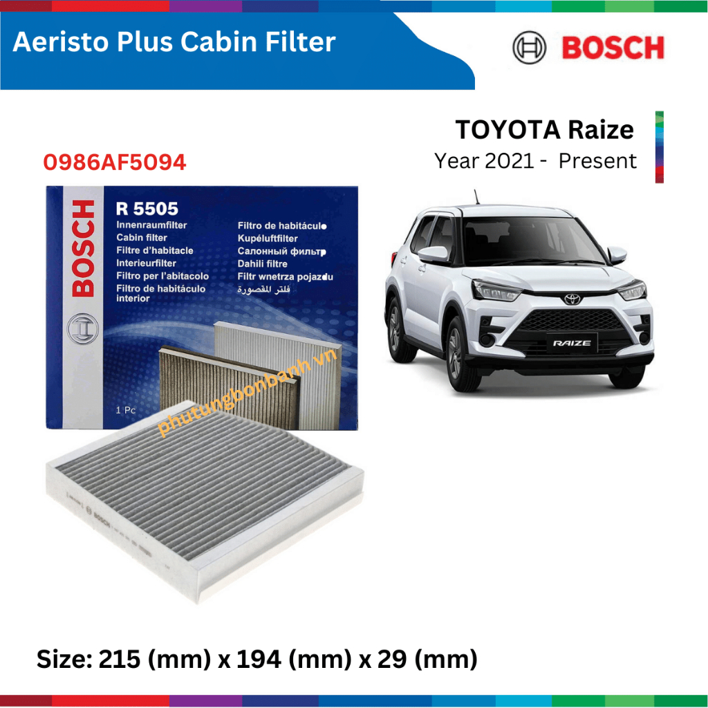 Lọc gió điều hòa than hoạt tính xe TOYOTA Raize (2021-), Bosch Aeristo Plus, 0986AF5094, Aeristo Premium 0986AF7009