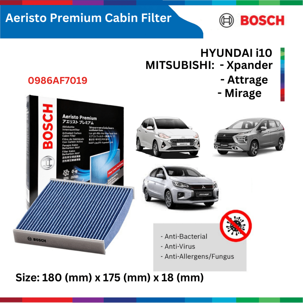 Lọc gió điều hòa xe MITSUBISHI Mirage, Attrage, Xpander; loại than hoạt tính, chống bụi mịn PM2.5, Bosch Aeristo Premium