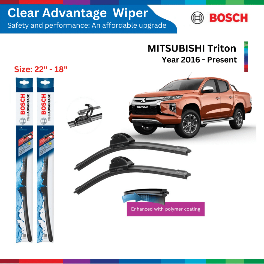 Bộ gạt mưa xe ô tô Mitsubishi Triton (16-), Bosch Clear Advantage, móc chữ U, size 22" & 18", bộ gạt nước xe Triton