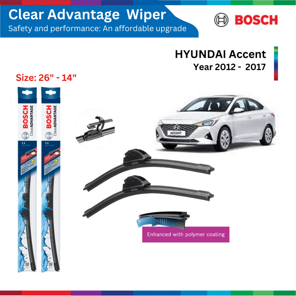 Bộ gạt mưa xe HYUNDAI Accent (12-17), Bosch Clear Advantage, móc chữ U, Size 26" & 14", bộ gạt nước xe Accent