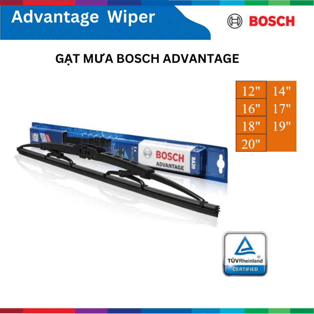 Gạt mưa xe ô tô, BOSCH Advantage, Size từ 12” – 28”, gạt nước ô tô Bosch, phụ tùng ô tô