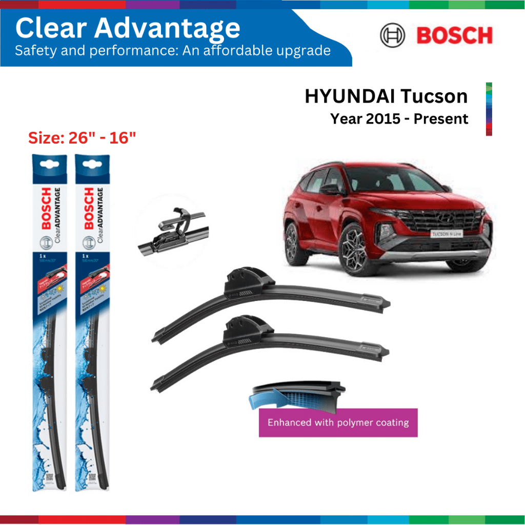 Bộ gạt mưa xe ô tô HYUNDAI Tucson (15-), Bosch Clear Advantage, móc chữ U, 26" & 16", bộ gạt nước xe Tucson