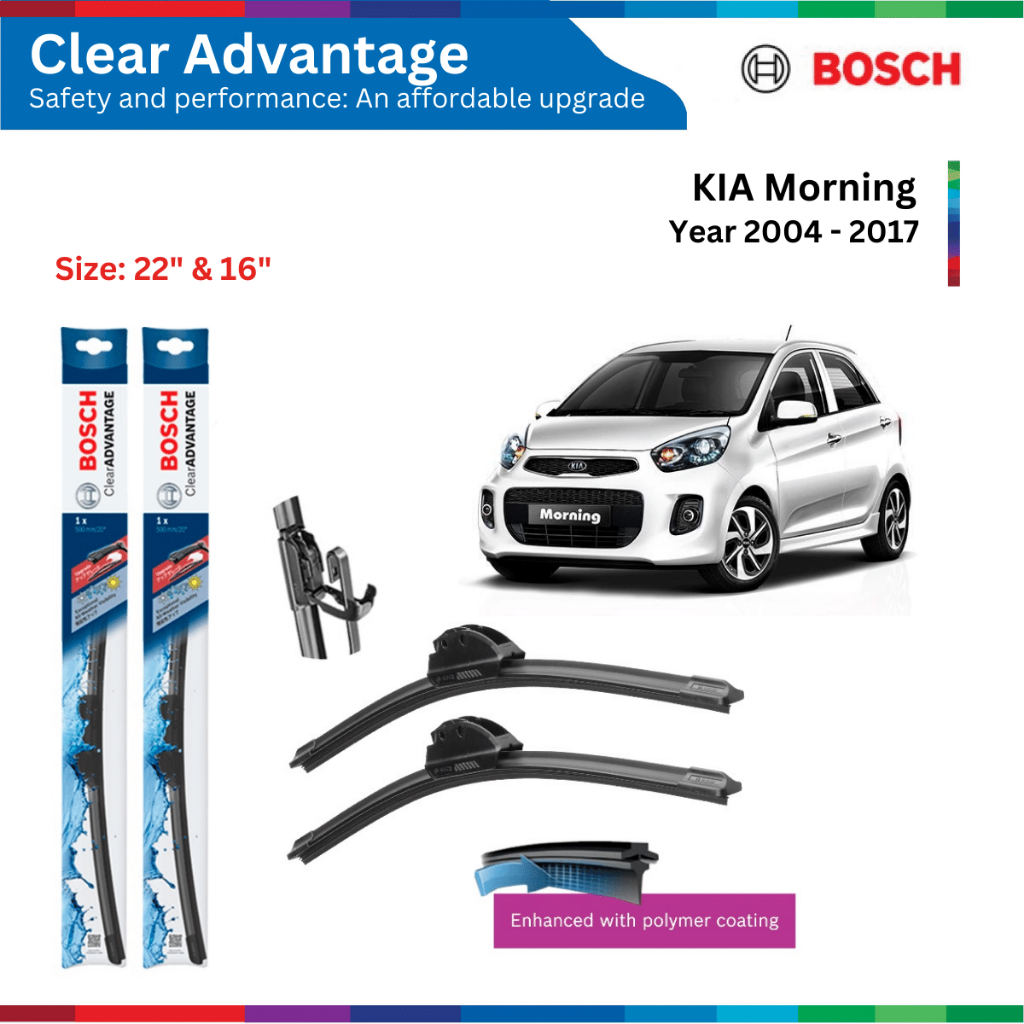 Bộ gạt mưa xe ô tô KIA Morning (04-17), Bosch Clear Advantage, móc chữ U, 22" & 16", bộ gạt nước xe Morning