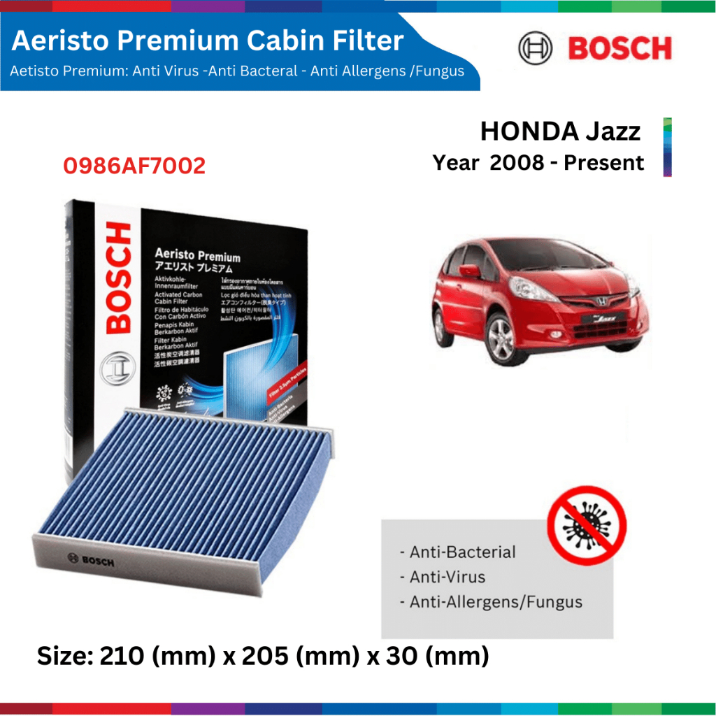 Lọc gió điều hòa xe Honda Jazz (08-), than hoạt tính, chống bụi mịn PM2.5, Bosch Aeristo Premium 0986AF7002, 0986AF5864