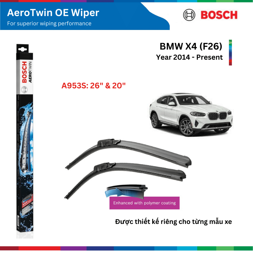 Bộ gạt mưa xe BMW X4 (F25), đời xe 2014 đến nay, Bosch AeroTwin OE Set A953S, gạt nước xe BMW X4