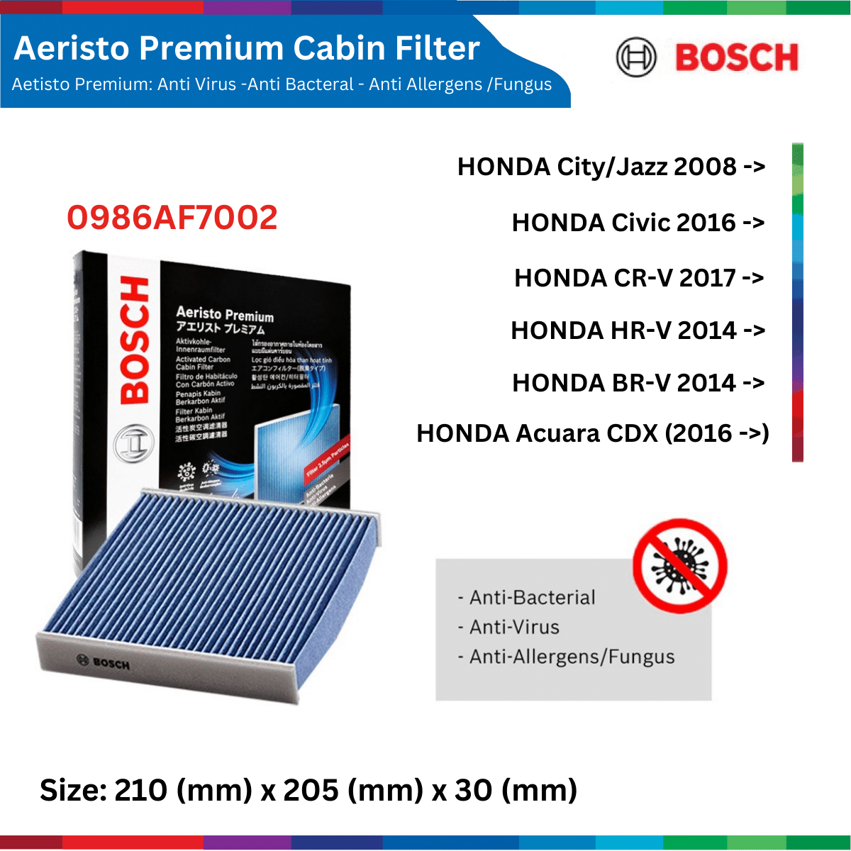 Lọc gió điều hòa BOSCH Aeristo Premium, than hoạt tính, lọc bụi mịn PM2.5, xe Nhật Hàn Mỹ