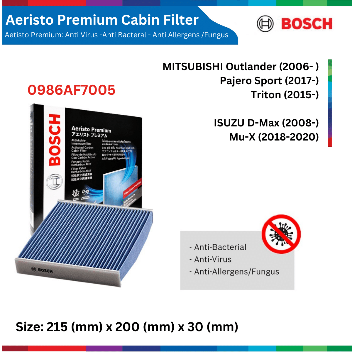 Lọc gió điều hòa BOSCH Aeristo Premium, than hoạt tính, lọc bụi mịn PM2.5, xe Nhật Hàn Mỹ