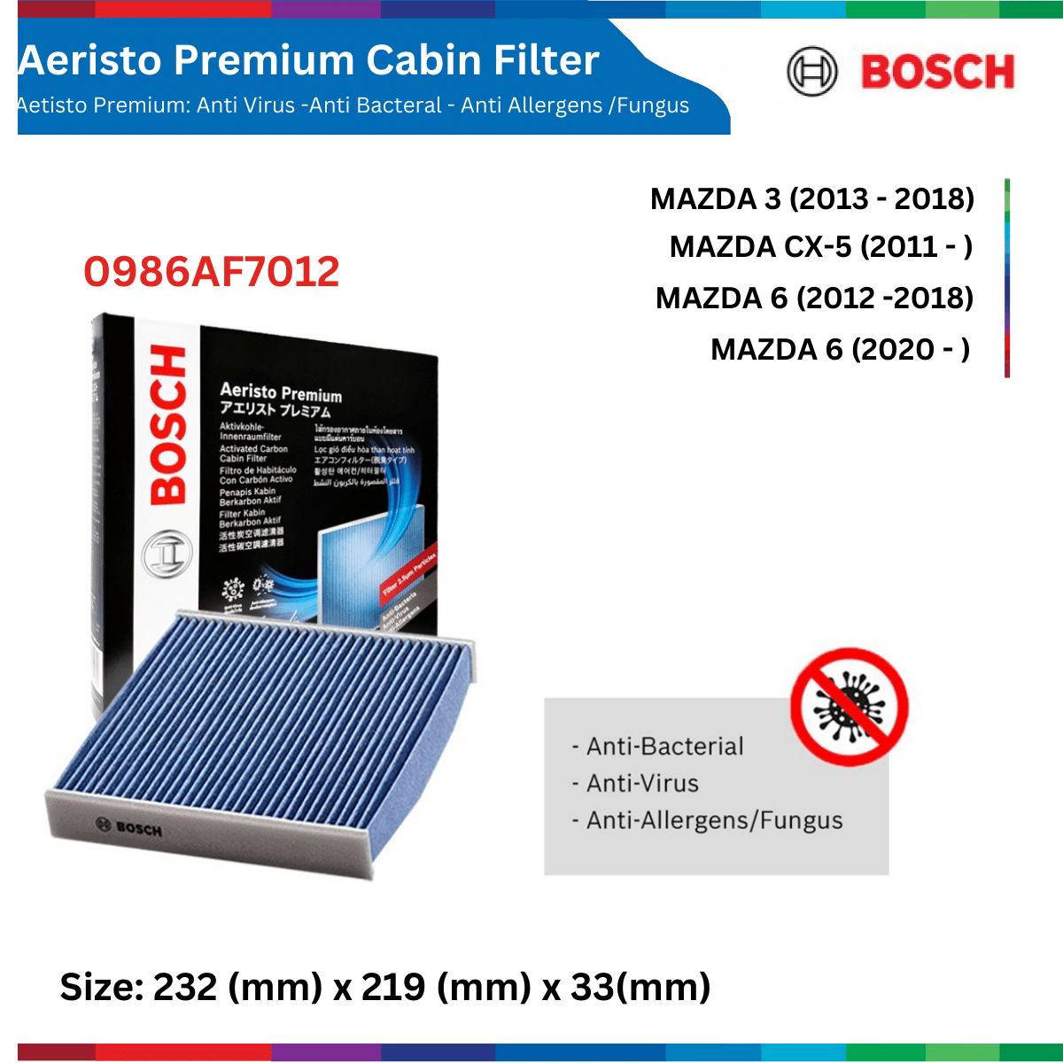 Lọc gió điều hòa BOSCH Aeristo Premium, than hoạt tính, lọc bụi mịn PM2.5, xe Nhật Hàn Mỹ