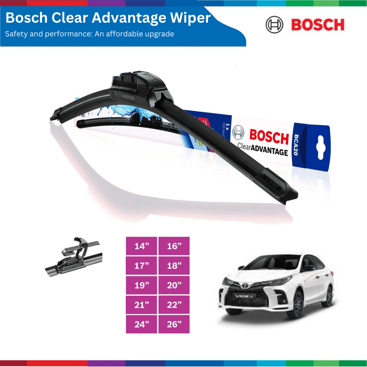 Gạt mưa Bosch Clear Advantage BCA, size 14" - 28", phù hợp xe Nhật & Hàn Quốc, đủ size, phụ tùng Bosch