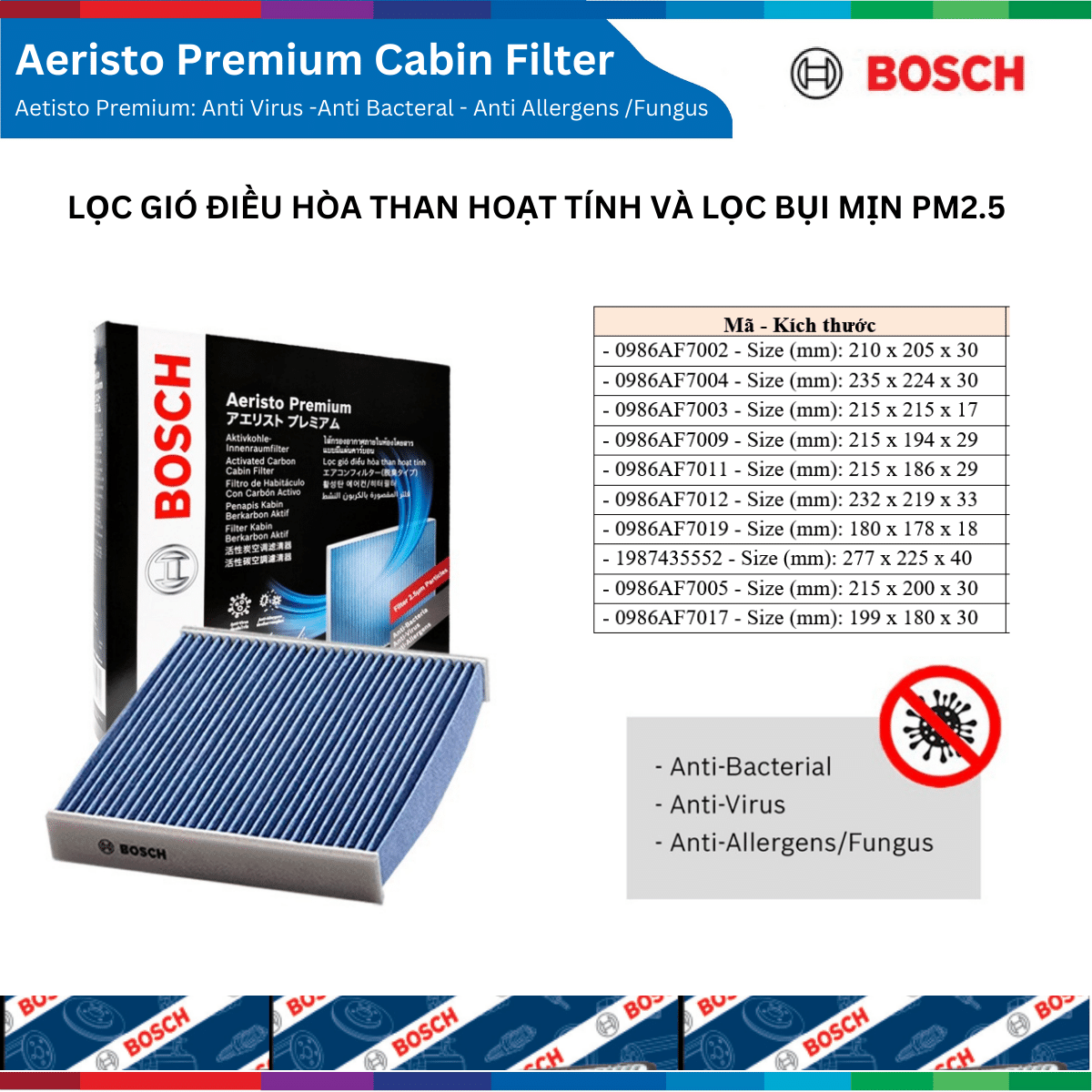 Lọc gió điều hòa BOSCH Aeristo Premium, than hoạt tính lọc bụi mịn PM2.5, cho xe Nhật Hàn Mỹ